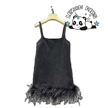 Customizable Factory Direct Price Cool Black Feather Spaghetti Strap Dress Girls Dresses 2-14 Children Clothing