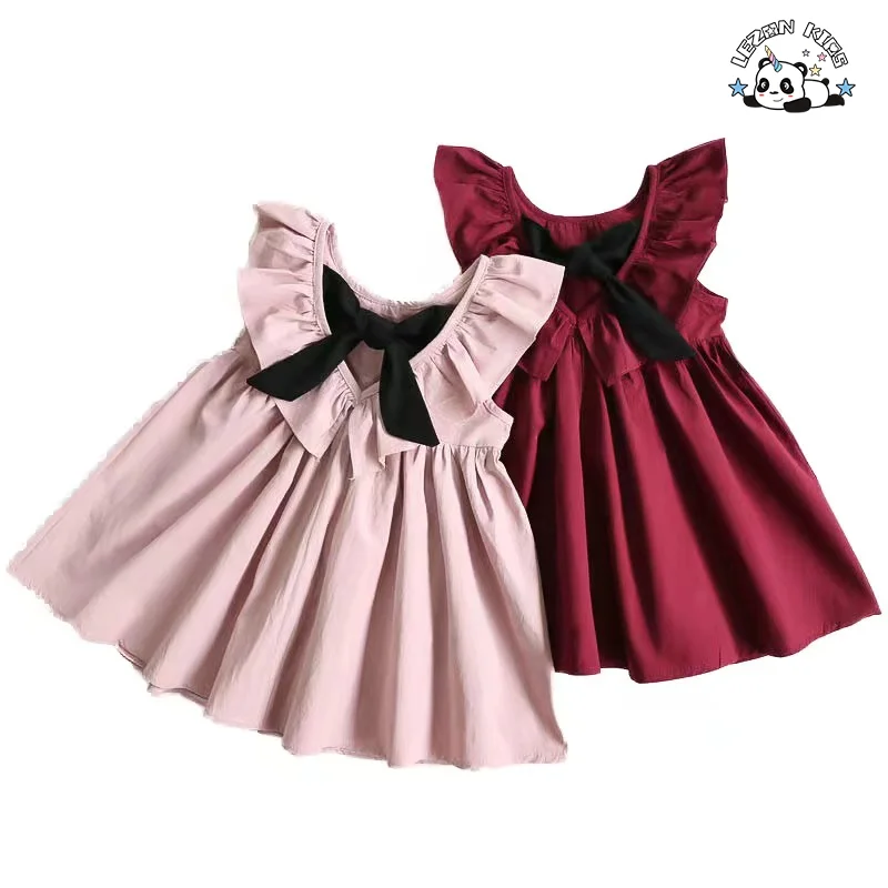 Vestido personalizável para meninas sem mangas, preço direto da fábrica, vestido de menina com laço plissado e alça, vestido de menina de algodão macio - Product Image