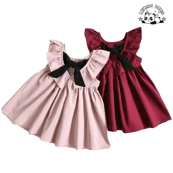 Vestido personalizável para meninas sem mangas, preço direto da fábrica, vestido de menina com laço plissado e alça, vestido de menina de algodão macio - Product Image