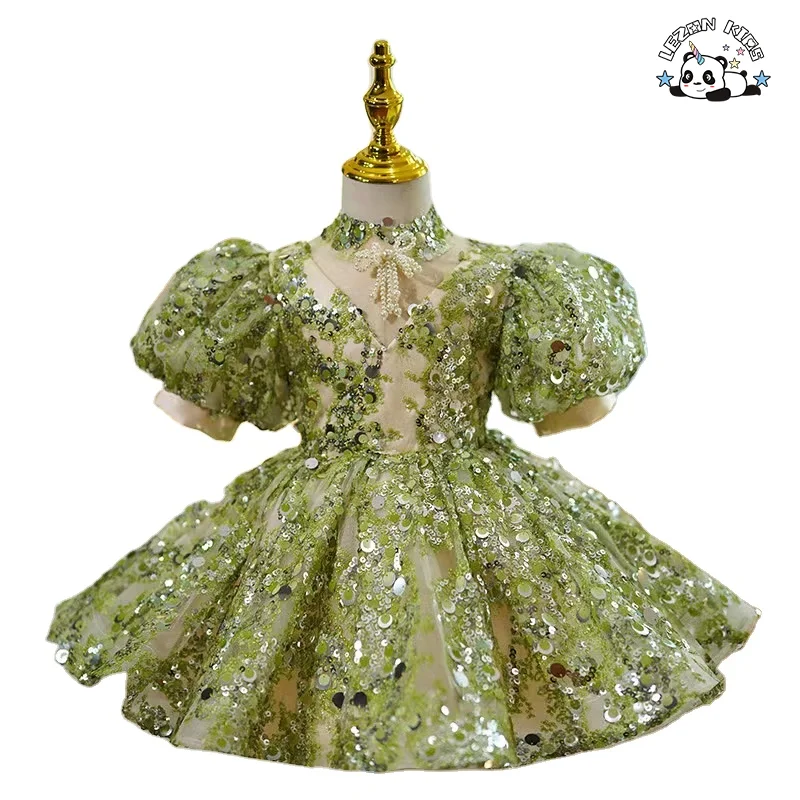 Customizable Factory Price Luxury Birthday Princess Dress Lovely Flower Girl Dress Green Sequin Tutu Dress