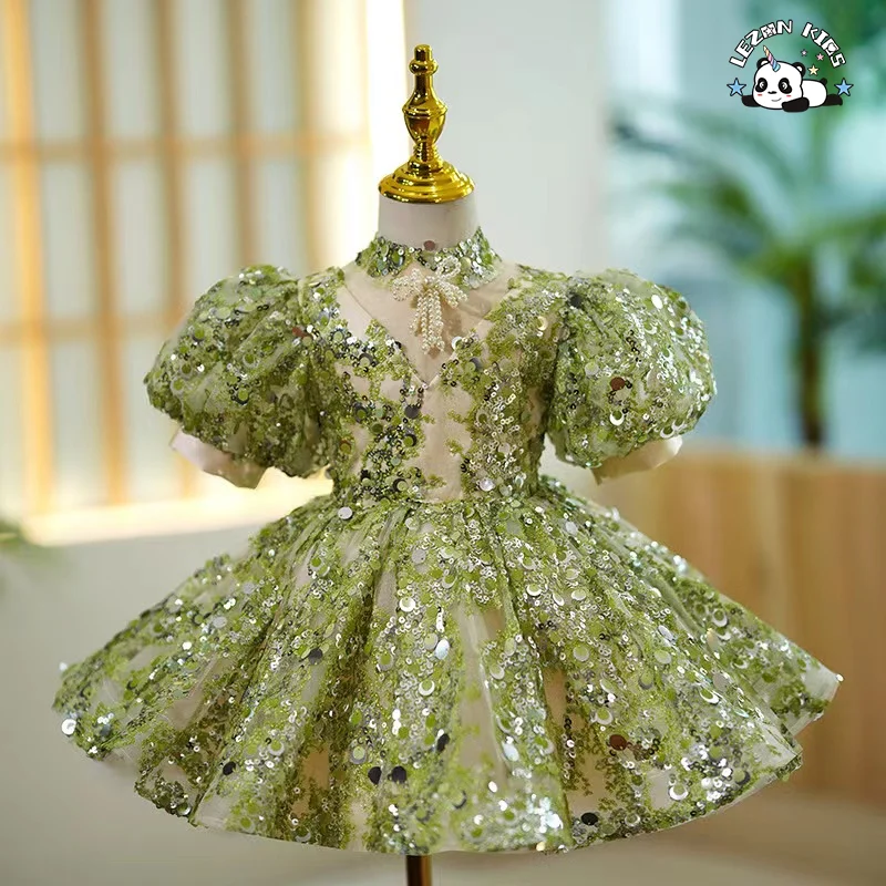 Customizable Factory Price Luxury Birthday Princess Dress Lovely Flower Girl Dress Green Sequin Tutu Dress - Product Image