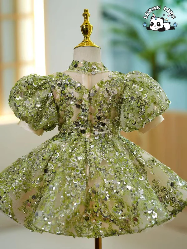 Customizable Factory Price Luxury Birthday Princess Dress Lovely Flower Girl Dress Green Sequin Tutu Dress - Product Image