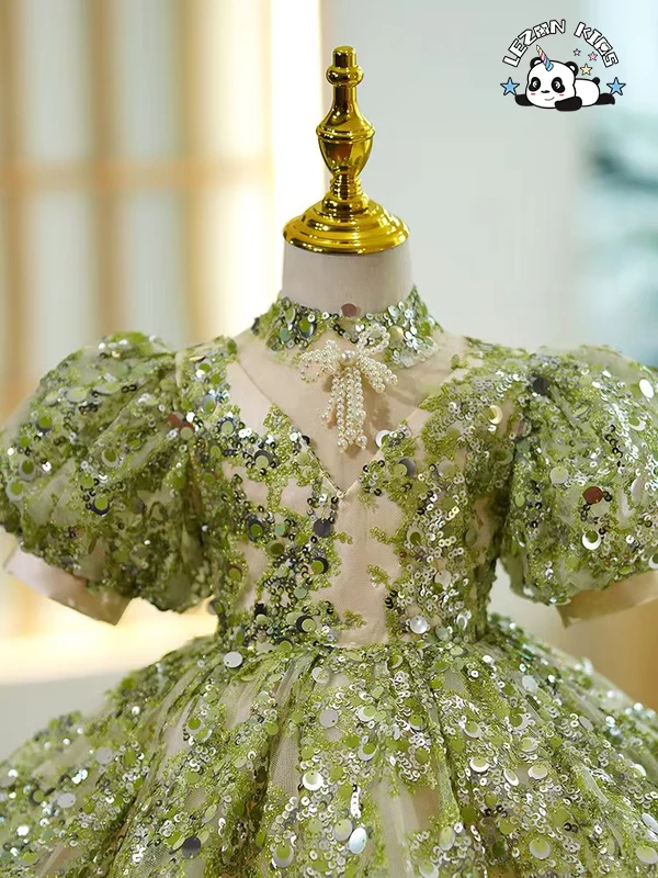 Customizable Factory Price Luxury Birthday Princess Dress Lovely Flower Girl Dress Green Sequin Tutu Dress - Product Image