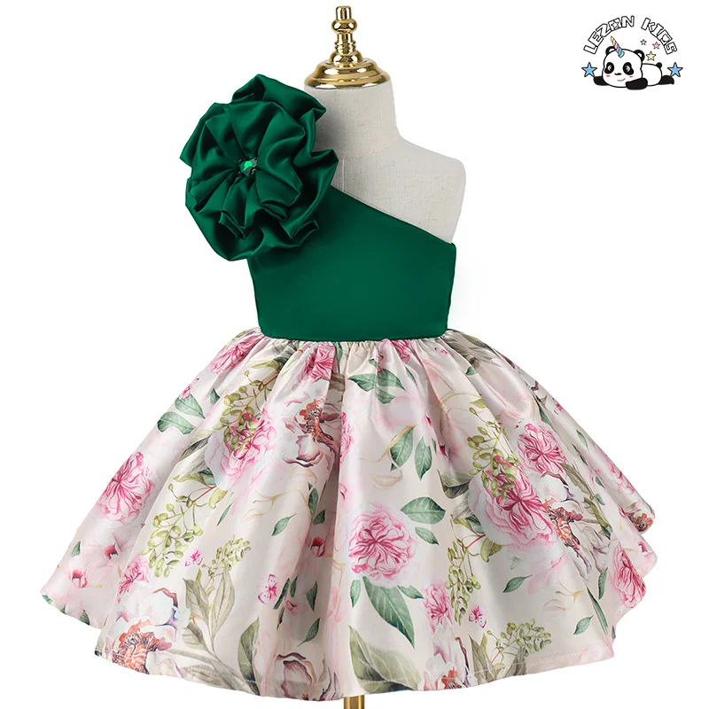 Customizable Girl Princess Skirt Oblique Shoulder Three-Dimensional Flower Design Children Dress