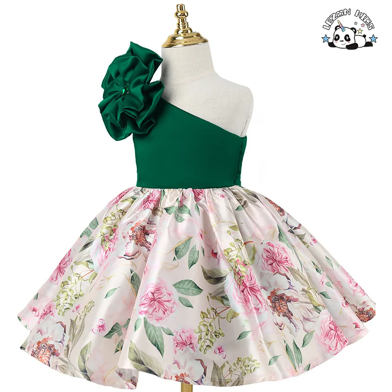 Customizable Girl Princess Skirt Oblique Shoulder Three-Dimensional Flower Design Children Dress - Product Image