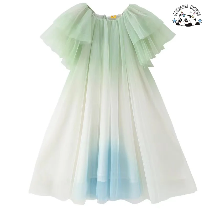Customizable Girls' Short Sleeve Tulle Dress Gentle Ruffle Puffy Layer Fashionable Print Lace Dress