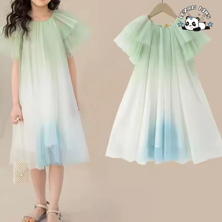 Customizable Girls' Short Sleeve Tulle Dress Gentle Ruffle Puffy Layer Fashionable Print Lace Dress - Product Image