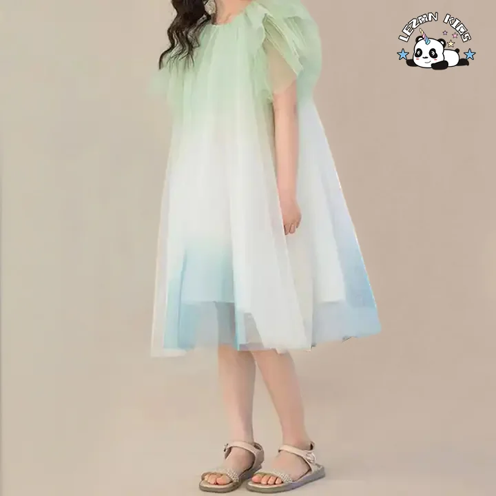 Customizable Girls' Short Sleeve Tulle Dress Gentle Ruffle Puffy Layer Fashionable Print Lace Dress - Product Image