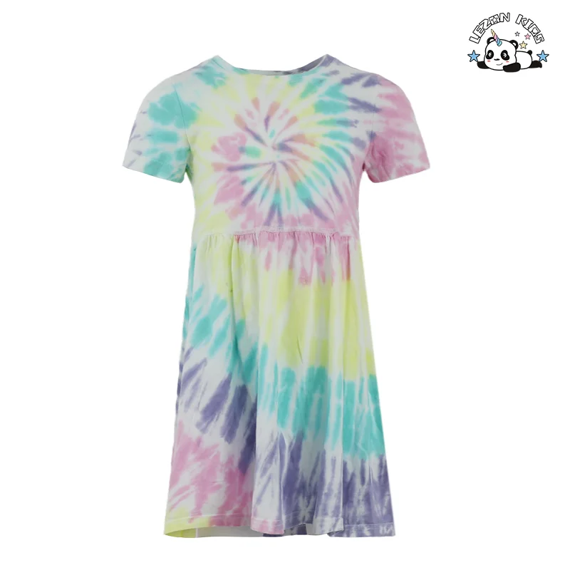 Vestido Customizável para Meninas, Leve e Confortável, de Algodão Puro, Manga Curta e Estilo A-line com Efeito Tie-dye para o Verão