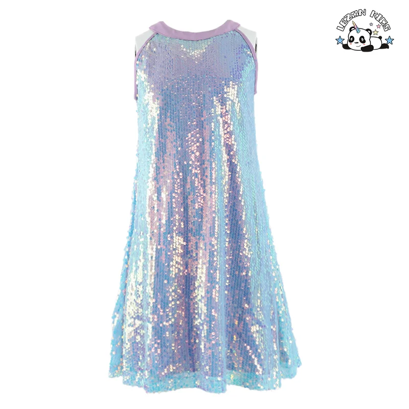 Customizable Gradient Colors Sweet Sleeveless O-Neck Sparkle Sequin Button Kids Princess Girls Dress