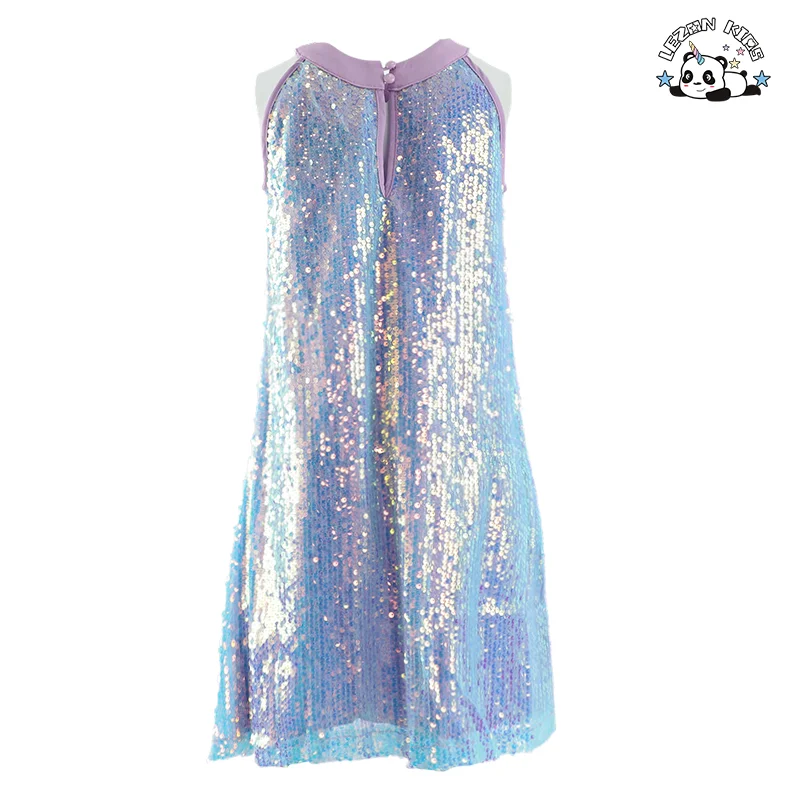 Customizable Gradient Colors Sweet Sleeveless O-Neck Sparkle Sequin Button Kids Princess Girls Dress - Product Image