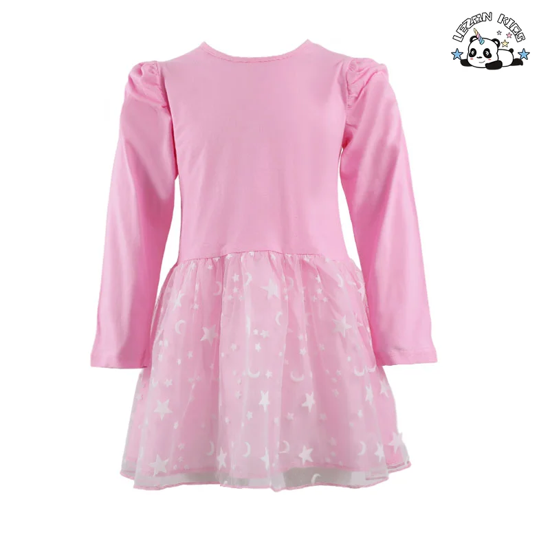 Vestido de festa para menina personalizável de alta qualidade com impressão de lantejoulas e manga longa de tule