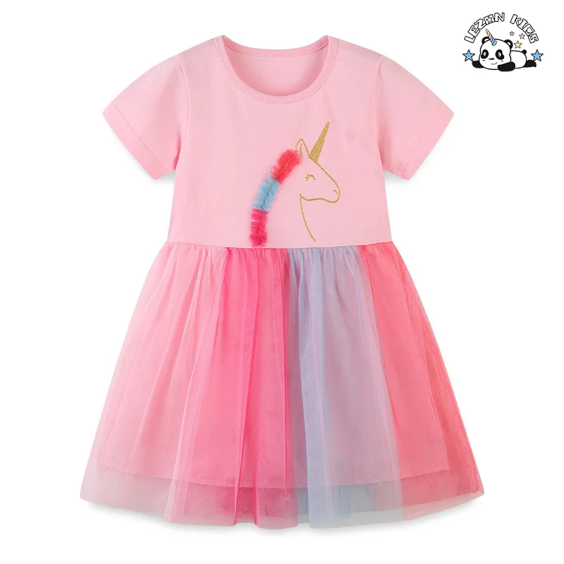 Customizable High Quality OEM Girls Pink Sequin Dress Rainbow Mesh Baby Girls Summer Dress for 2 to 14T Children - Product Image