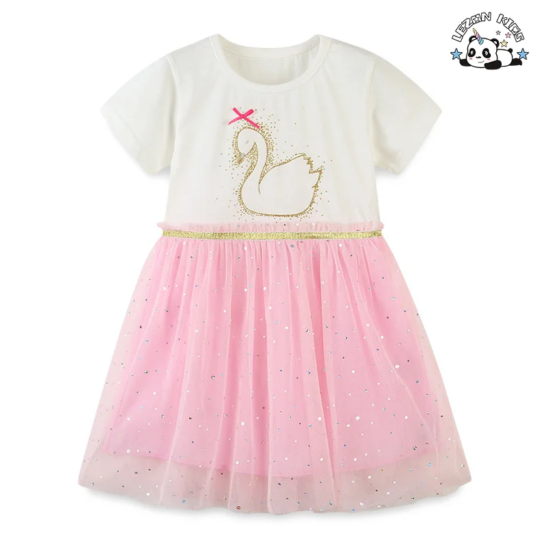 Customizable High Quality OEM Girls Pink Sequin Dress Rainbow Mesh Baby Girls Summer Dress for 2 to 14T Children - Product Image