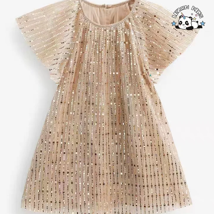 Customizable High Quality Pretty Glitter Kids Dress Princess Dress Short Sleeves Angel Sequin Girls Dress