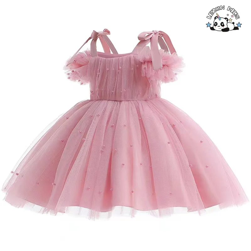 Vestidos de Meninas Personalizáveis de Alta Qualidade com Design de Princesa e Flores Pequenas e Pérolas para Casamento - Product Image
