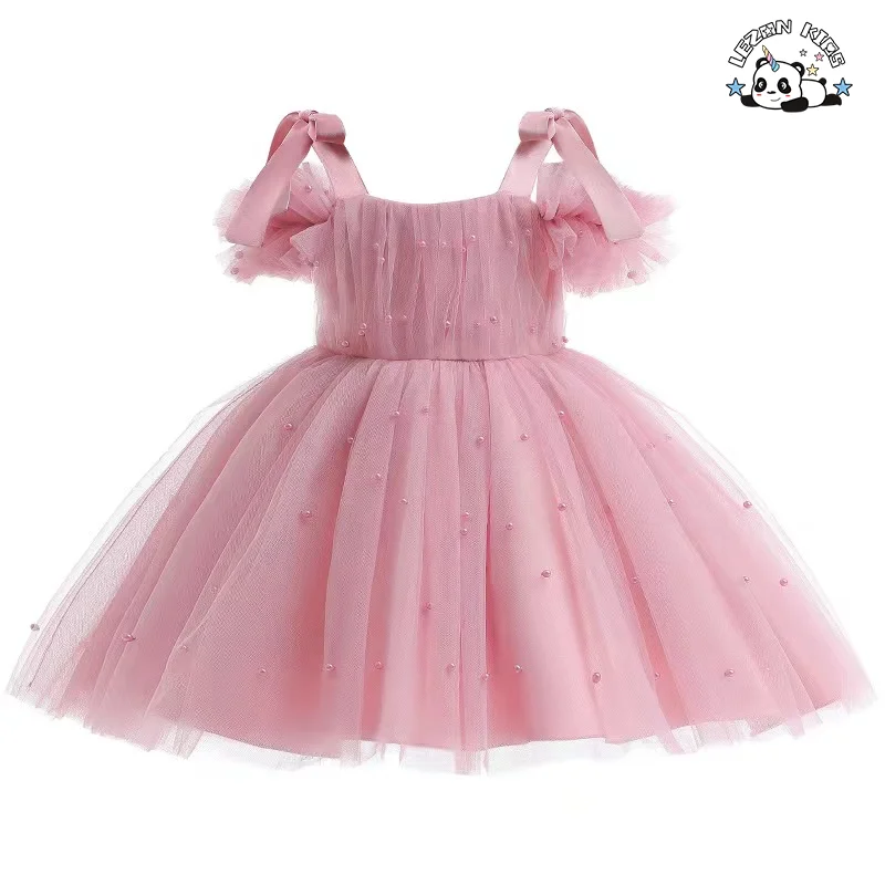 Vestidos de Meninas Personalizáveis de Alta Qualidade com Design de Princesa e Flores Pequenas e Pérolas para Casamento - Product Image
