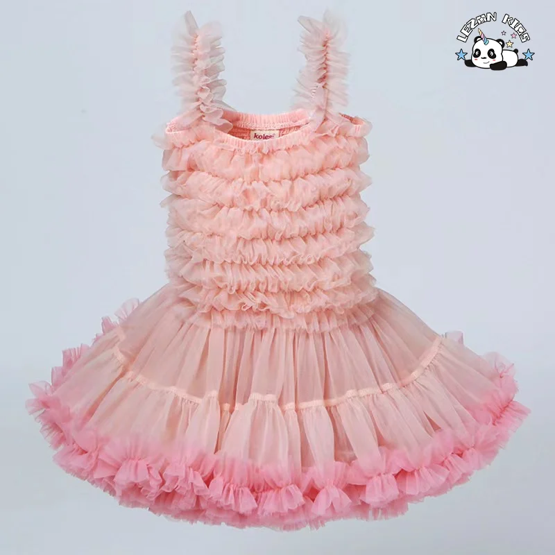 Vestido de Princesa de Verão de Alta Qualidade Personalizável para Meninas, Vestido de Tule Doce com Listras sem Mangas