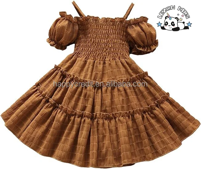 Customizable Hot Sale Cold Shoulder Puff Sleeve Shirred Swing a Line Dress 2-4 years for Girls