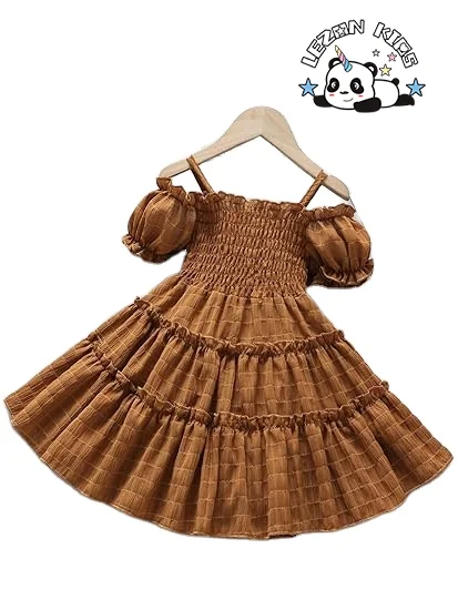 Customizable Hot Sale Cold Shoulder Puff Sleeve Shirred Swing a Line Dress 2-4 years for Girls - Product Image