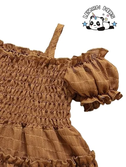 Customizable Hot Sale Cold Shoulder Puff Sleeve Shirred Swing a Line Dress 2-4 years for Girls - Product Image