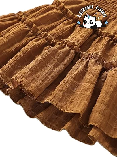 Customizable Hot Sale Cold Shoulder Puff Sleeve Shirred Swing a Line Dress 2-4 years for Girls - Product Image
