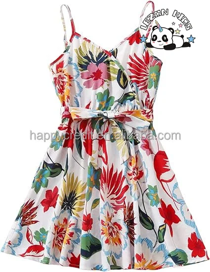Customizable Hot Sale Cute Striped Strap Button Front Belted Summer Floral Red Dress for Girls