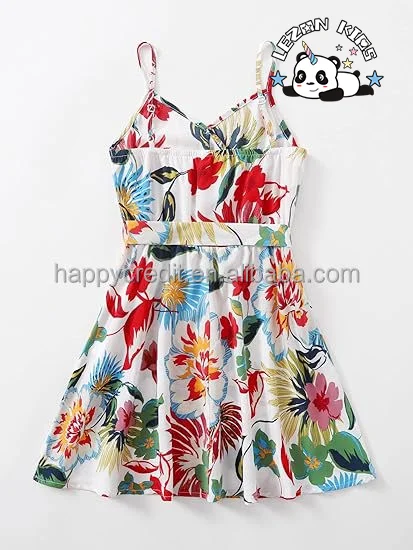 Customizable Hot Sale Cute Striped Strap Button Front Belted Summer Floral Red Dress for Girls - Product Image