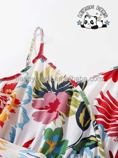 Customizable Hot Sale Cute Striped Strap Button Front Belted Summer Floral Red Dress for Girls - Product Image