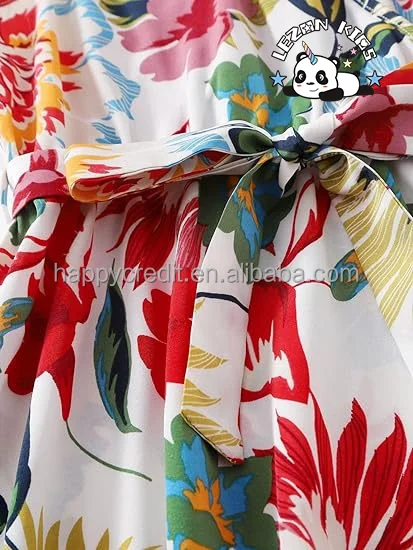 Customizable Hot Sale Cute Striped Strap Button Front Belted Summer Floral Red Dress for Girls - Product Image