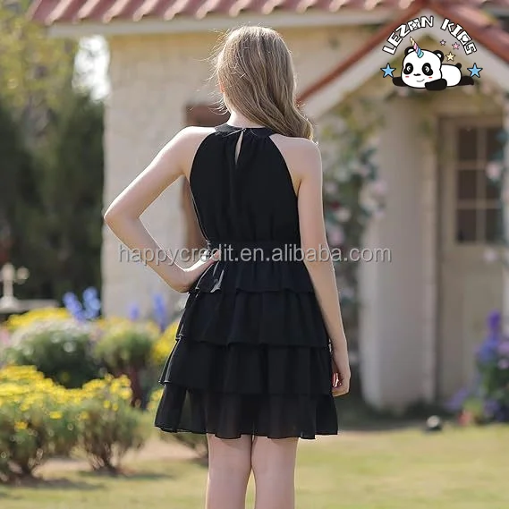 Customizable Hot Sale Floral Ruffle Dress Halter Neck Kids Summer Chiffon Dress With Belt for Girls - Product Image