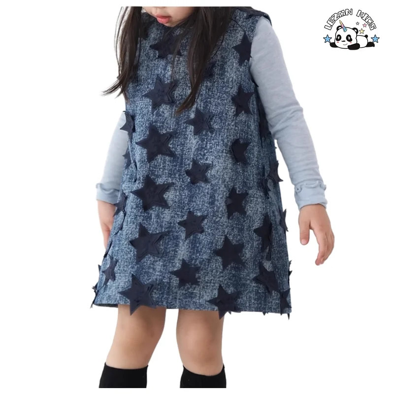 Vestido Infantil Personalizável de Estilo Estrelas com Remendo sem Mangas para Meninas, Vestido de Verão - Product Image