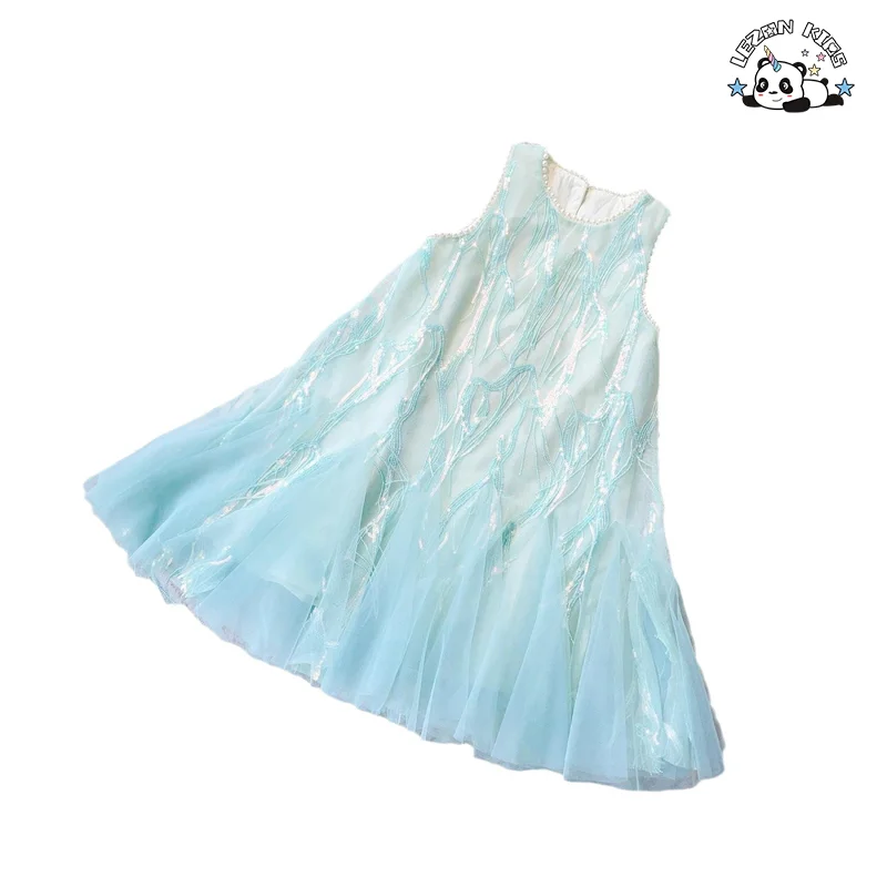 Customizable Hot Selling Mesh Embroidery Tassel Children Clothes Pearl Tank Top Super Fairy Sequin Girls Dress