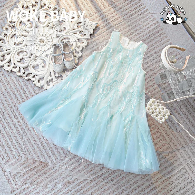 Customizable Hot Selling Mesh Embroidery Tassel Children Clothes Pearl Tank Top Super Fairy Sequin Girls Dress - Product Image
