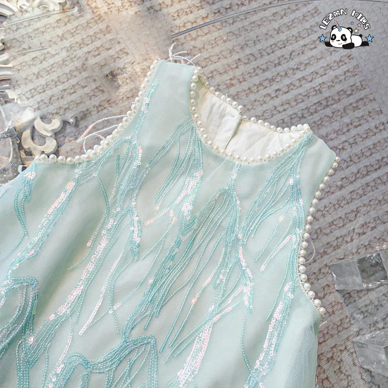 Customizable Hot Selling Mesh Embroidery Tassel Children Clothes Pearl Tank Top Super Fairy Sequin Girls Dress - Product Image