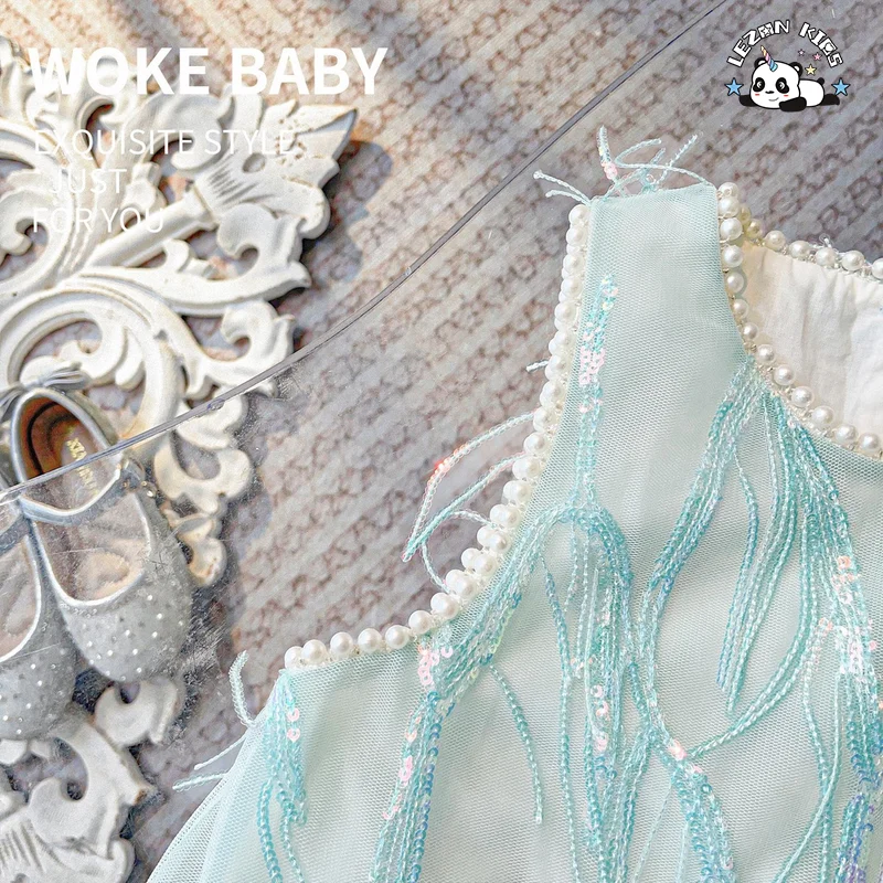 Customizable Hot Selling Mesh Embroidery Tassel Children Clothes Pearl Tank Top Super Fairy Sequin Girls Dress - Product Image