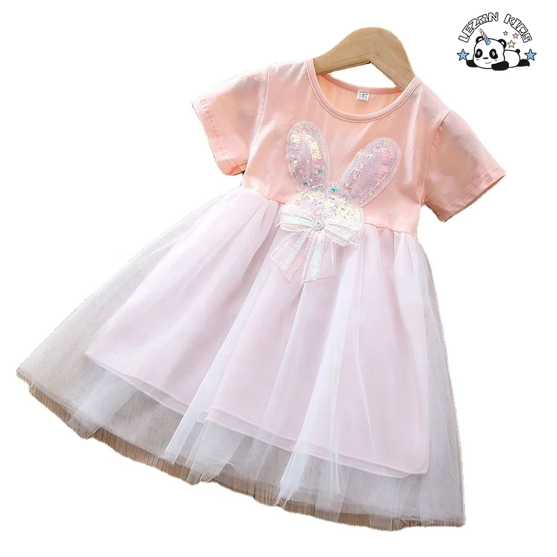 Vestido Personalizável de Manga Curta Quente Fresco com Bordado de Lantejoulas e Orelhas de Coelho para Meninas