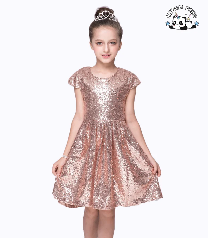 Customizable Hot Selling Short Sleeved Sequin Fabric Dress Pure Color Round Neck Party Princess Girls Dresses