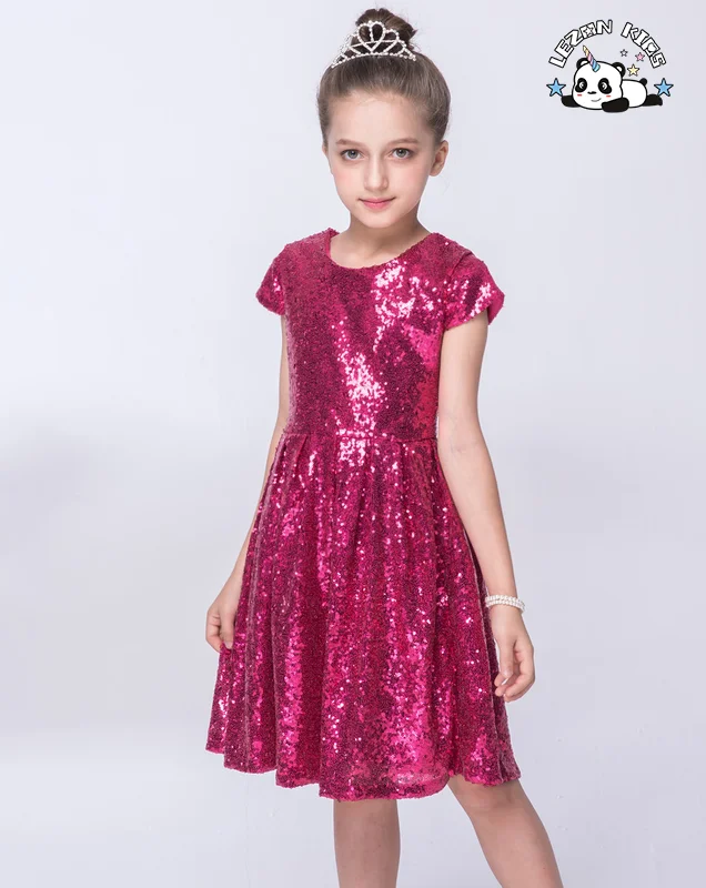 Customizable Hot Selling Short Sleeved Sequin Fabric Dress Pure Color Round Neck Party Princess Girls Dresses - Product Image