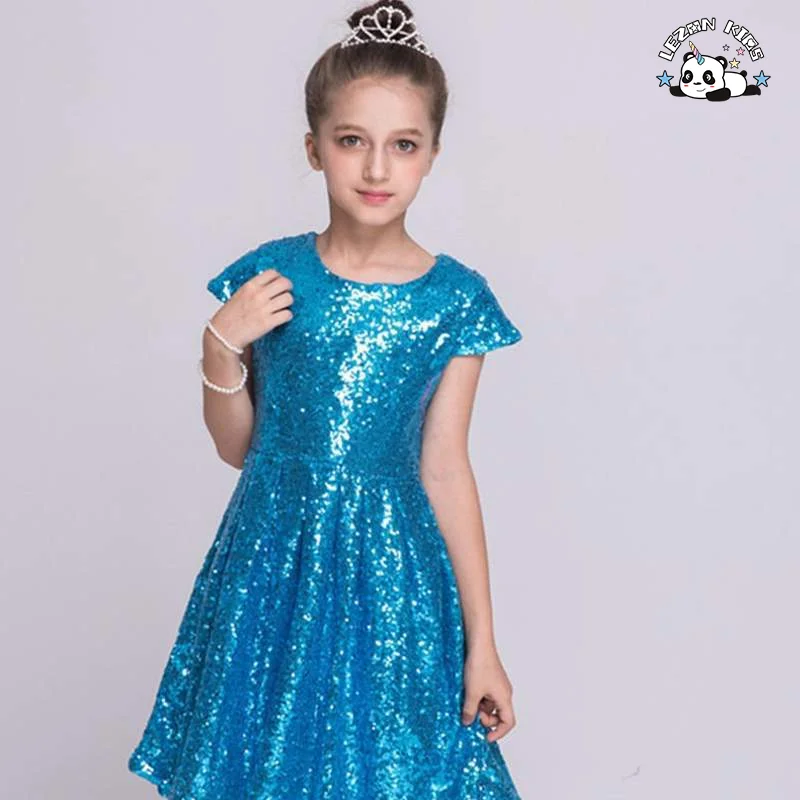 Customizable Hot Selling Short Sleeved Sequin Fabric Dress Pure Color Round Neck Party Princess Girls Dresses - Product Image