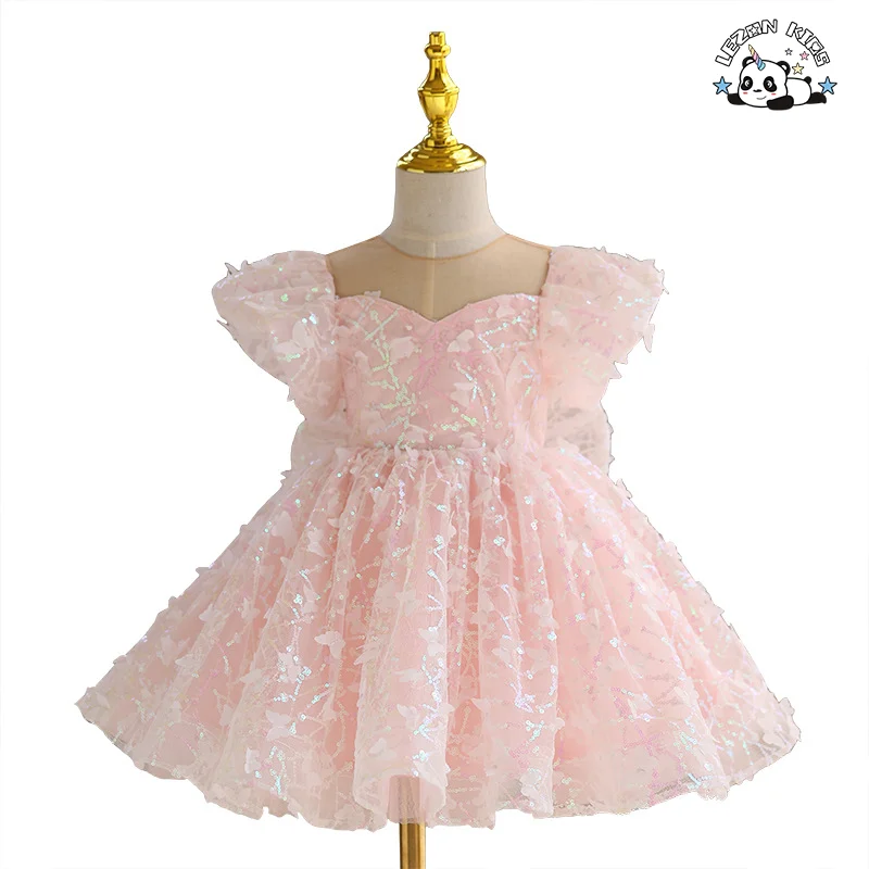 Customizable Ins Customized Shiny Solid Butterfly Flying Sleeve Girls Sequin Tulle Dress for Summer