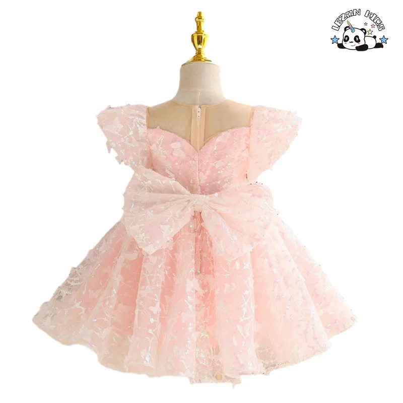Customizable Ins Customized Shiny Solid Butterfly Flying Sleeve Girls Sequin Tulle Dress for Summer - Product Image
