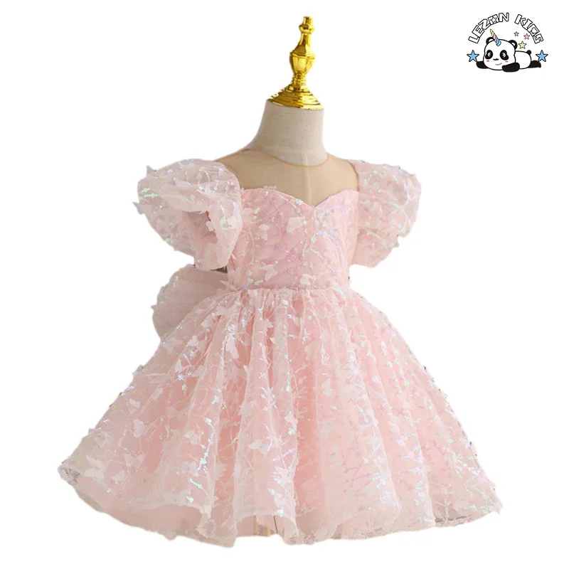 Customizable Ins Customized Shiny Solid Butterfly Flying Sleeve Girls Sequin Tulle Dress for Summer - Product Image