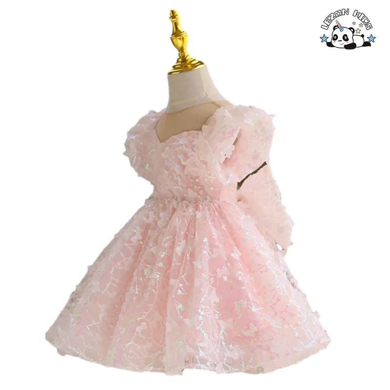 Customizable Ins Customized Shiny Solid Butterfly Flying Sleeve Girls Sequin Tulle Dress for Summer - Product Image
