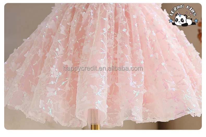 Customizable Ins Customized Shiny Solid Butterfly Flying Sleeve Girls Sequin Tulle Dress for Summer - Product Image