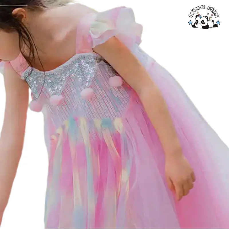 Roupas infantis personalizáveis Brilho Rosa Sequim Ombre Tutu Vestido 2-14 Anos Princesa Meninas Vestido de Festa - Product Image