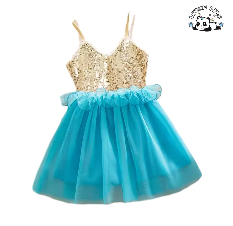 Roupas infantis personalizáveis Vestido de tule personalizado com alças de spaghetti para meninas Bebês Vestido de lantejoulas douradas