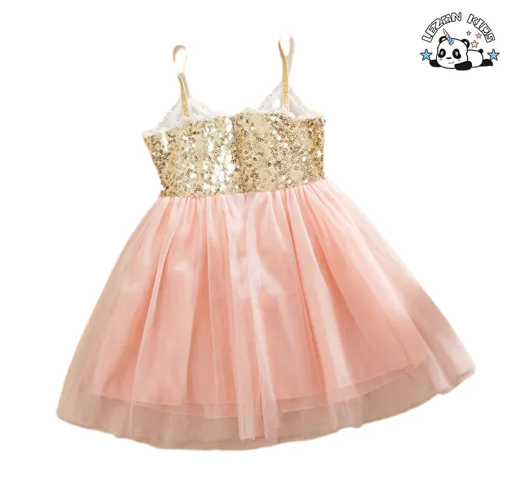 Roupas infantis personalizáveis Vestido de tule personalizado com alças de spaghetti para meninas Bebês Vestido de lantejoulas douradas - Product Image