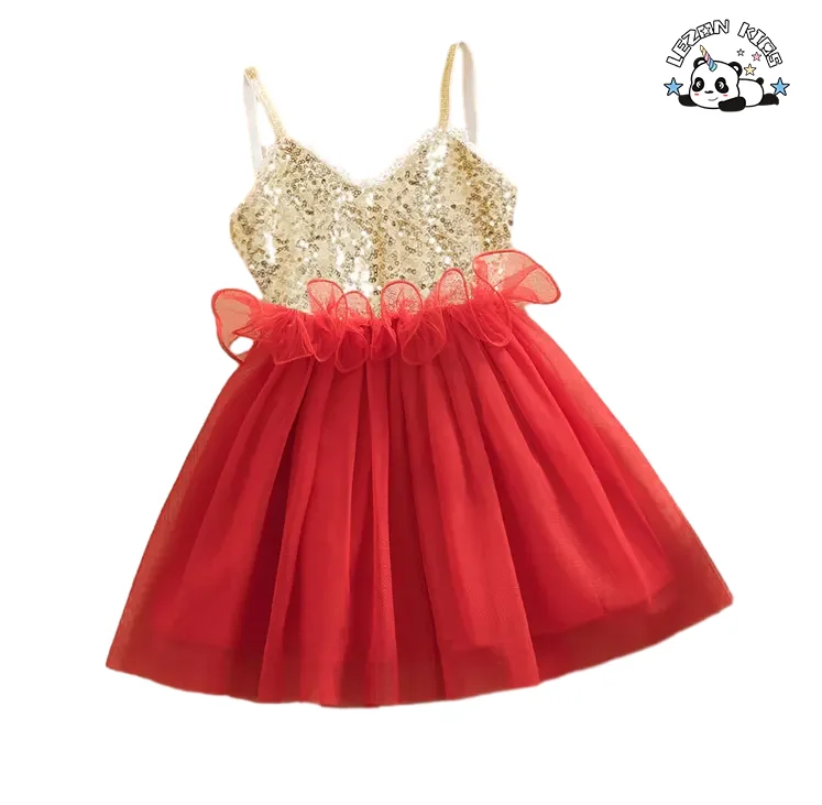 Roupas infantis personalizáveis Vestido de tule personalizado com alças de spaghetti para meninas Bebês Vestido de lantejoulas douradas - Product Image