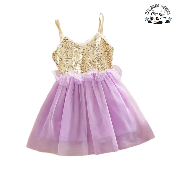 Roupas infantis personalizáveis Vestido de tule personalizado com alças de spaghetti para meninas Bebês Vestido de lantejoulas douradas - Product Image